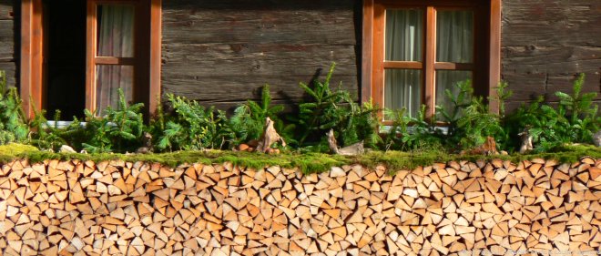 Ferienhütten in Deutschland Selbstversorgerhütte mit Holzstoß